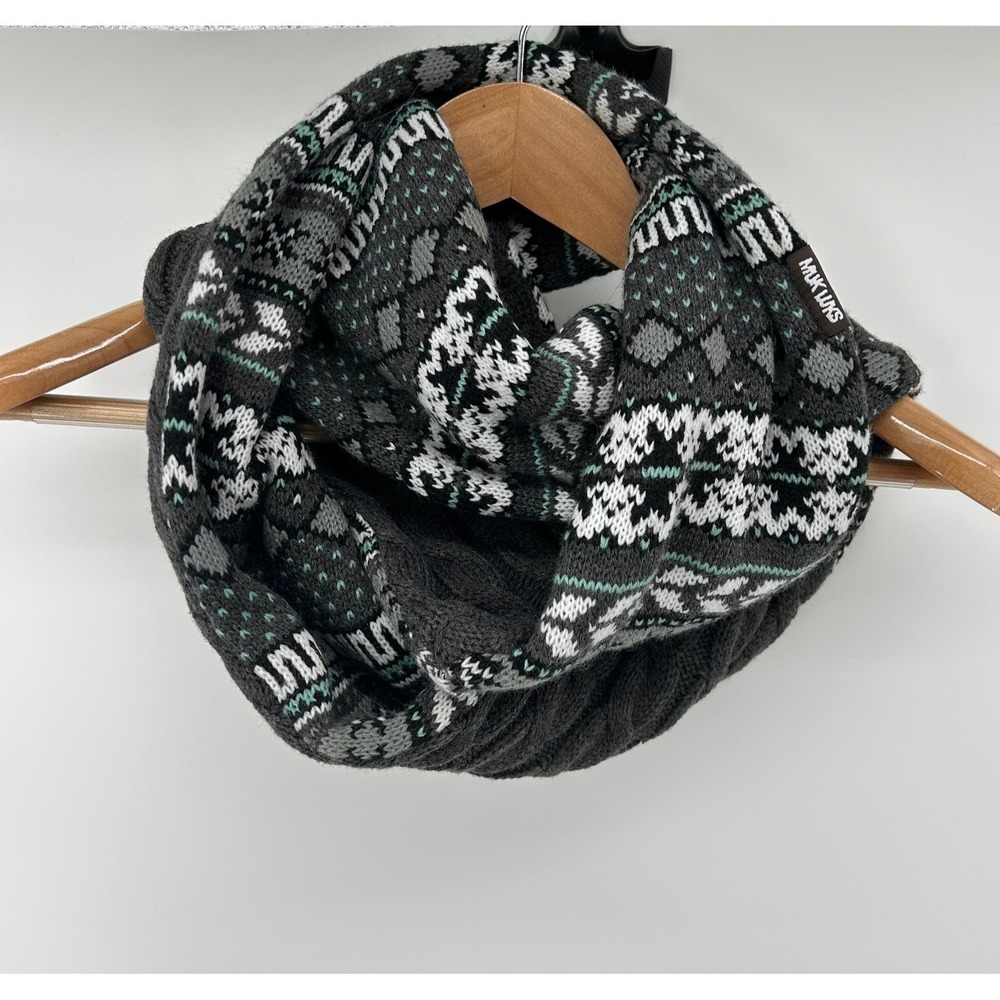 MUK LUKS Infinity Loop Scarf Gray White Black Aqua Fair Isle Winter Cable Knit
